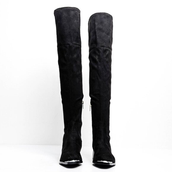 Marc Fisher Women Darwin Black Fabric Zip OTK Metal Pointy Toe Boots sz 8 - Picture 2 of 8